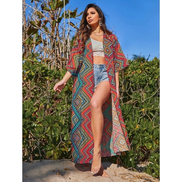 Boho Tribal Red Geometric Long Kimono 3/4 Sleeve - Picture 2 of 5